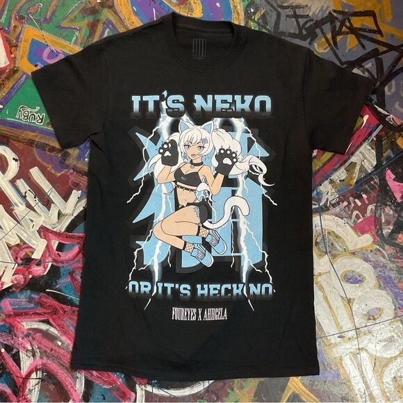 Foureyes x Ahhexa ‘It’s Neko or It’s Heck No’ Black Anime Graphic Tee Size Small - Picture 1 of 6